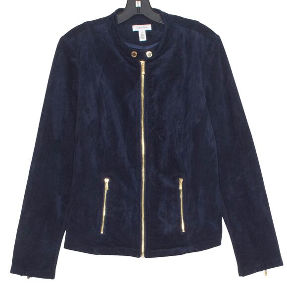 NWOT Calvin Klein Jacket Faux Leather Suede Minimalist Moto Preppy Blue Large FQ - Picture 1 of 8